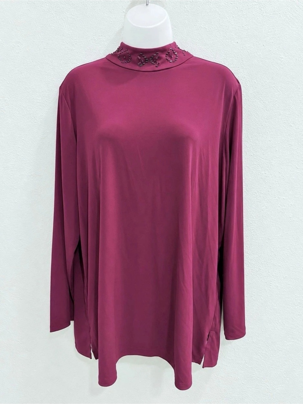 Susan Graver Artisan Top XL Burgundy Beaded Mock Neck Long Sleeve